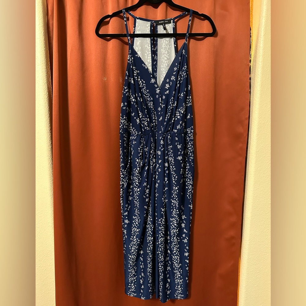 BCBG Paris Navy Floral Stretch Waist Dress Womens Size L